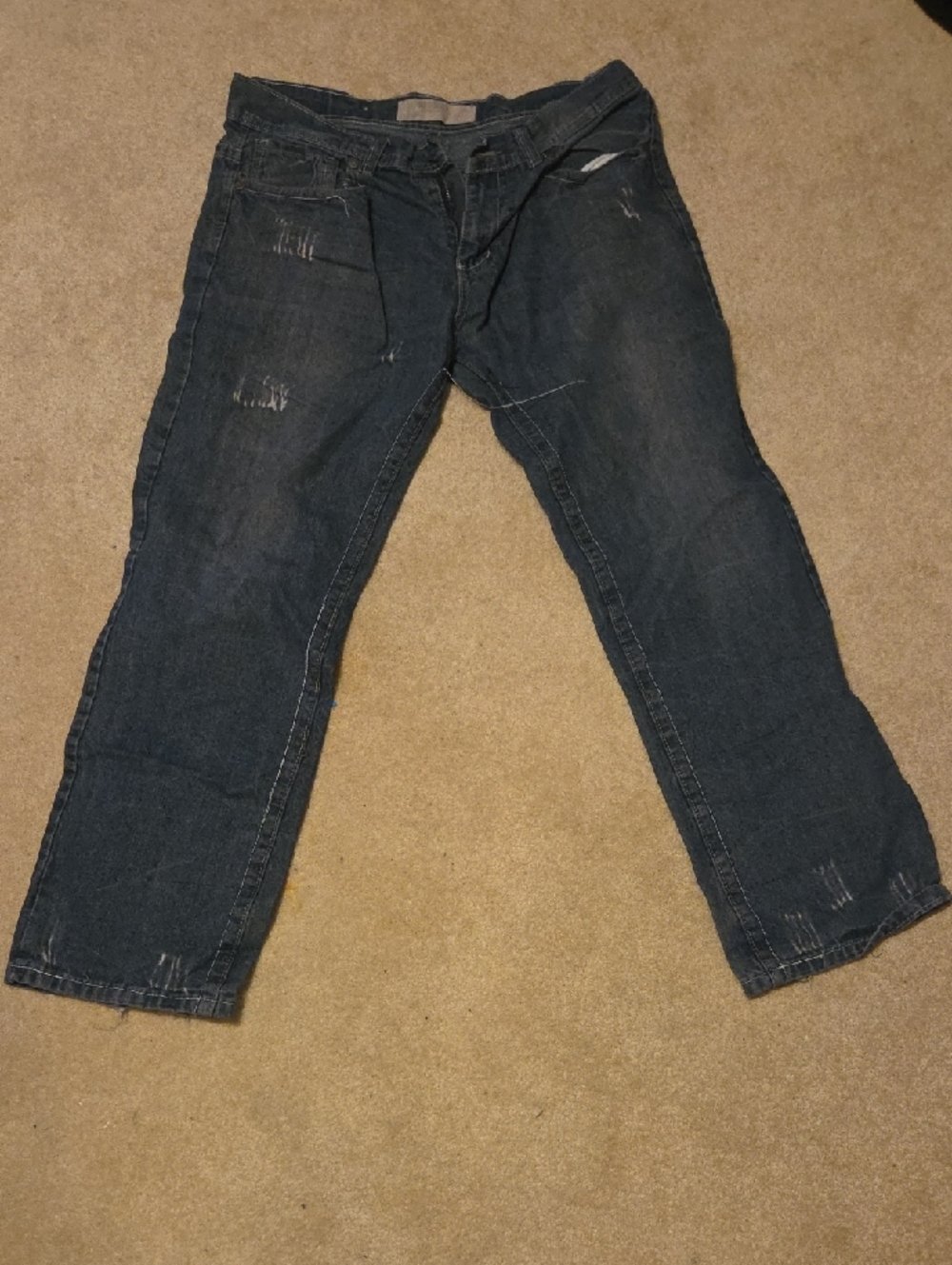 Men's Straight Jeans in Dark Blue with Distressed Detailing